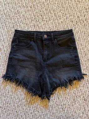 High-Rise Black Frayed Hem Denim Shorts